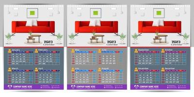 calendario de pared 2023 diseño creativo, diseño de fecha vertical mensual simple para el año 2023 en inglés. Plantillas de calendario de 12 meses, diseño moderno de calendario de año nuevo. calendario corporativo o de negocios. vector