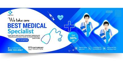 Healthcare and medical service Doctor banner, Medical health Social media cover design. Realistic hospital webinar template. vector