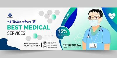 Healthcare and medical service Doctor banner, Medical health Social media cover design. Realistic hospital webinar template. vector