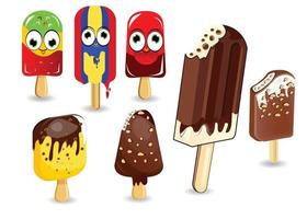 Ice creams set vector illustration, Vector cone chocolate Ice-Cream. multicolored vector ice cream illustrations Set of cartoon icons. waffle cone Ice cream. Caramel chocolate glaze Vanilla Ice-cream.