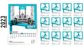 calendario de pared 2023 diseño creativo, diseño de fecha vertical mensual simple para el año 2023 en inglés. Plantillas de calendario de 12 meses, diseño moderno de calendario de año nuevo. calendario corporativo o de negocios. vector