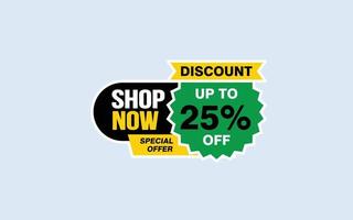 25 Percent SHOP NOW offer, clearance, promotion banner layout with sticker style. vector