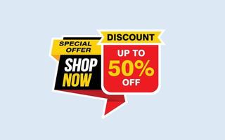 50 Percent SHOP NOW offer, clearance, promotion banner layout with sticker style. vector