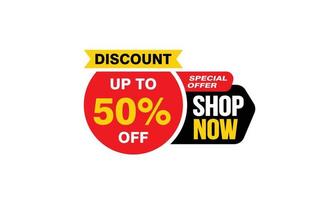 50 Percent SHOP NOW offer, clearance, promotion banner layout with sticker style. vector