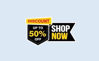 50 Percent SHOP NOW offer, clearance, promotion banner layout with sticker style. vector
