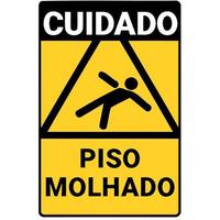 personaje resbalando y cayendo con texto precaución piso mojado en portugués vector