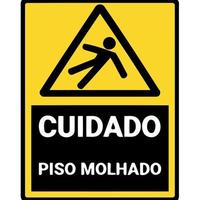 personaje resbalando y cayendo con texto precaución piso mojado en portugués vector