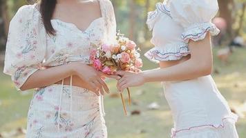 Two beautiful young women talking and enjoying on a sunny autumn day video