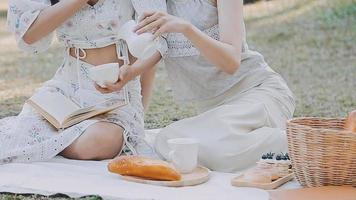 Young pretty brunette twin girls sitting on the grass with legs slightly bent in knees and looking in a brown book, wearing casual coat in autumn sunny weather on blurry background. video