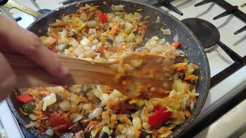 o cozinheiro cozinha um ensopado em uma frigideira video