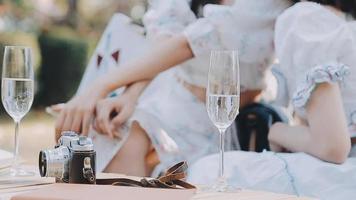 Young pretty brunette twin girls sitting on the grass with legs slightly bent in knees and looking in a brown book, wearing casual coat in autumn sunny weather on blurry background. video