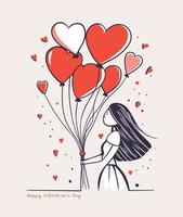Valentine's Day illustration. Girl holding to red heart shaped balloons, vector clip art