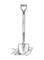 Shovel with a wooden handle. Bayonet shovel. Spade stuck into the ground. Vector line art illustration.