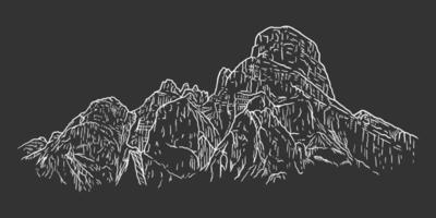 Rocky alpine mountain scenery landscape, ink sketch style isolated on black background vector