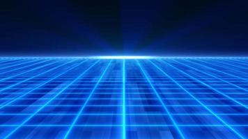 Abstract blue glowing neon laser grid futuristic high tech with energy lines on surface and horizon, abstract background. Video 4k, motion design