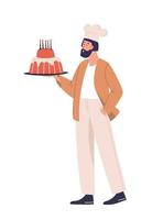 Confectioner, cook, cake, pastries. Male cook with a birthday cake. Vector image.