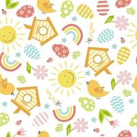 Seamless easter pattern with eggs, flowers, bird, rainbow and sun. Easter holiday colorful background.