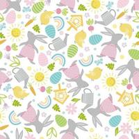 Easter seamless pattern with flower, branch, holiday eggs, bunny, chicken. Perfect for wallpaper, gift paper, pattern fills, web page background, spring and Easter greeting cards vector