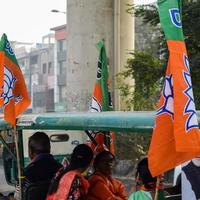 delhi, india, 02 de diciembre de 2022 - partidario del bjp del partido bharatiya janata durante un mega road show en apoyo del candidato del bjp pankaj luthara para presentar documentos de nominación antes de las elecciones del organismo local mcd 2022 foto