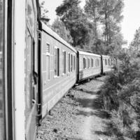 Toy Train moving on mountain slope, beautiful view, one side mountain, one side valley moving on railway to the hill, among green natural forest. Toy train from Kalka to Shimla in India photo