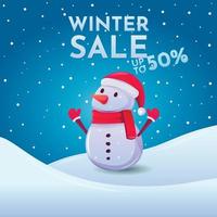 Colorful winter sale banner or poster with snowman and snow for shopping promotion. Vector illustration.  Suitable for mobile apps, web internet ads