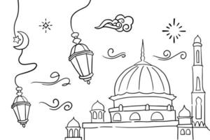 Doodles line art of ramadan kareem greeting card concept. Vector illustration.