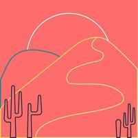 Flat abstract icon, sticker, button with desert, sun, cactuses, one line style vector