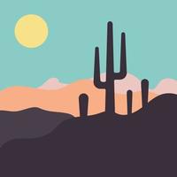 Flat abstract icon, sticker, button with desert, sun, cactuses. vector