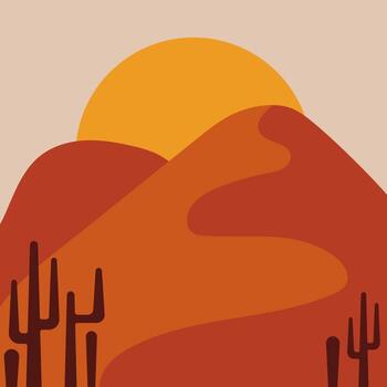 Flat abstract icon, sticker, button with desert, sun, cactuses. vector