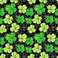 seamless pattern of green contours and silhouettes of a four-leaf clover on a black background, texture design photo