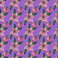 seamless repeating pattern of large pink lily flowers on a purple background, texture, design photo