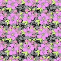 seamless pattern of pink silhouettes and black contours of flowers on a gray background, texture, design photo