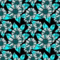 seamless white and blue pattern of decorative sunflowers on a black background, texture, design photo