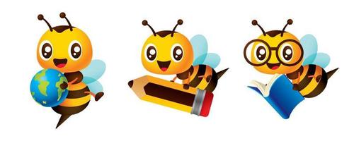 Little bee back to school collection. Cartoon honey bee education theme with holding book, pencil and globe character illustration vector
