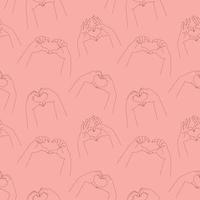 Hands of couple in love making a heart shape with their fingers. Vector seamless pattern with line art illustrations.