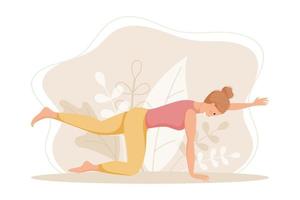 mujer joven haciendo ejercicios aislados en blanco. yoga y una pancarta vectorial de estilo de vida saludable.