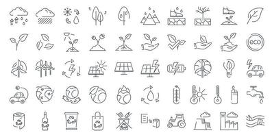 Big set of vector isolated line icons on the theme of ecology, climate, pollution and environmental conservation.