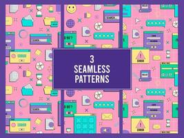 Set of vaporwave UI and UX elements seamless pattern. PC retro game frame. Nostalgic style 70s, 80s, 90s. vector