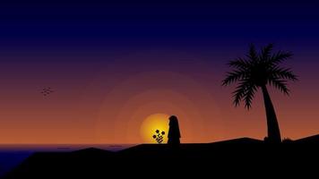 Vector illustration, desktop wallpaper. A woman wants to pick flowers at sunrise by the sea.