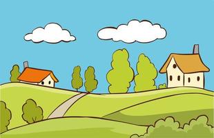 Country house in the forest. Farm in the countryside. Cottage among trees. Cartoon vector illustration.