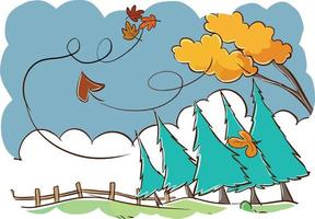 Trees during the windstorm. Green trees with falling leaves in the park at blowing wind. Landscape cartoon vector illustration