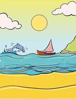 Vector cartoon style background of sea shore. Good sunny day cartoon vector