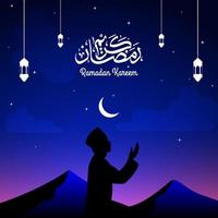 ramadan kareem con caligrafía árabe, linterna, luna, montaña y silueta los musulmanes están rezando. ilustración vectorial