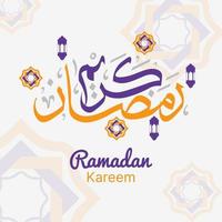 ramadan kareem greeting card with arabic calligraphy in blue and orange color. vector illustration