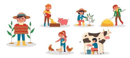 Cute children working on farm vector