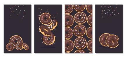 un conjunto de deliciosos donuts con glaseado de chocolate y varios ingredientes sobre un fondo oscuro. patrón de donas de chocolate. las ilustraciones son perfectas para salvapantallas, fondos de teléfono, historias. vector