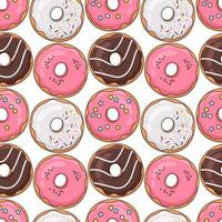 Seamless vector pattern of appetizing donuts with colorful icing on a white background. Collection of donuts for menu design, cafe decoration, delivery box, t-shirt, fabric, textile.