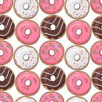 Seamless vector pattern of appetizing donuts with colorful icing on a white background. Collection of donuts for menu design, cafe decoration, delivery box, t-shirt, fabric, textile.