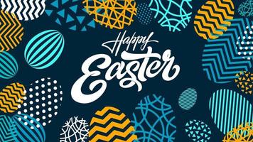 HAPPY EASTER typography on abstract background with egg shaped geometry. Colorful vector wallpaper with lettering, calligraphy for spring holiday, greeting card.
