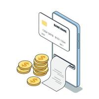 Vector isometric online credit card payment and bill concept. Smartphone device with receipt. Digital pay service.